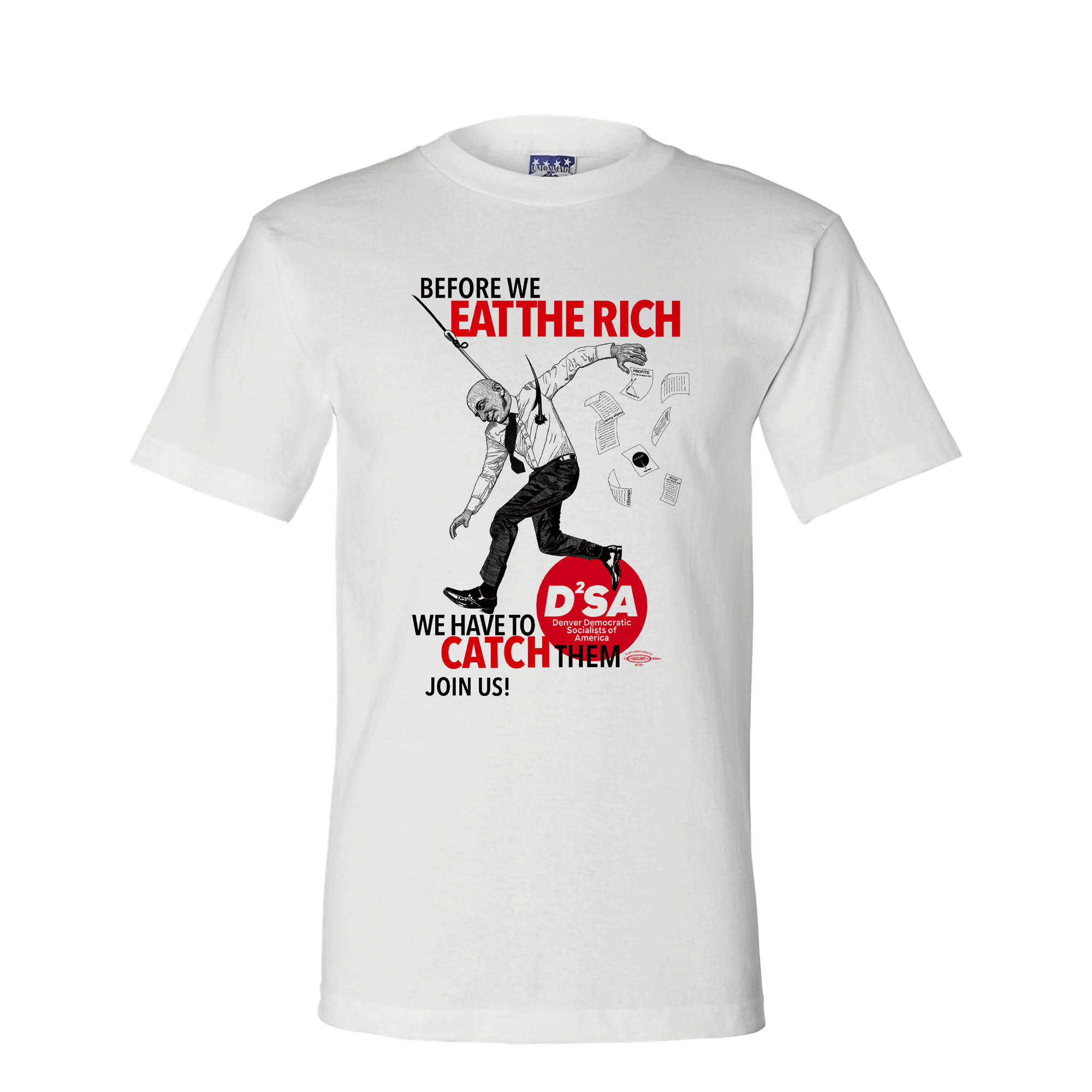 Union made white short sleeve t-shirt with a rich man on a fishing hook