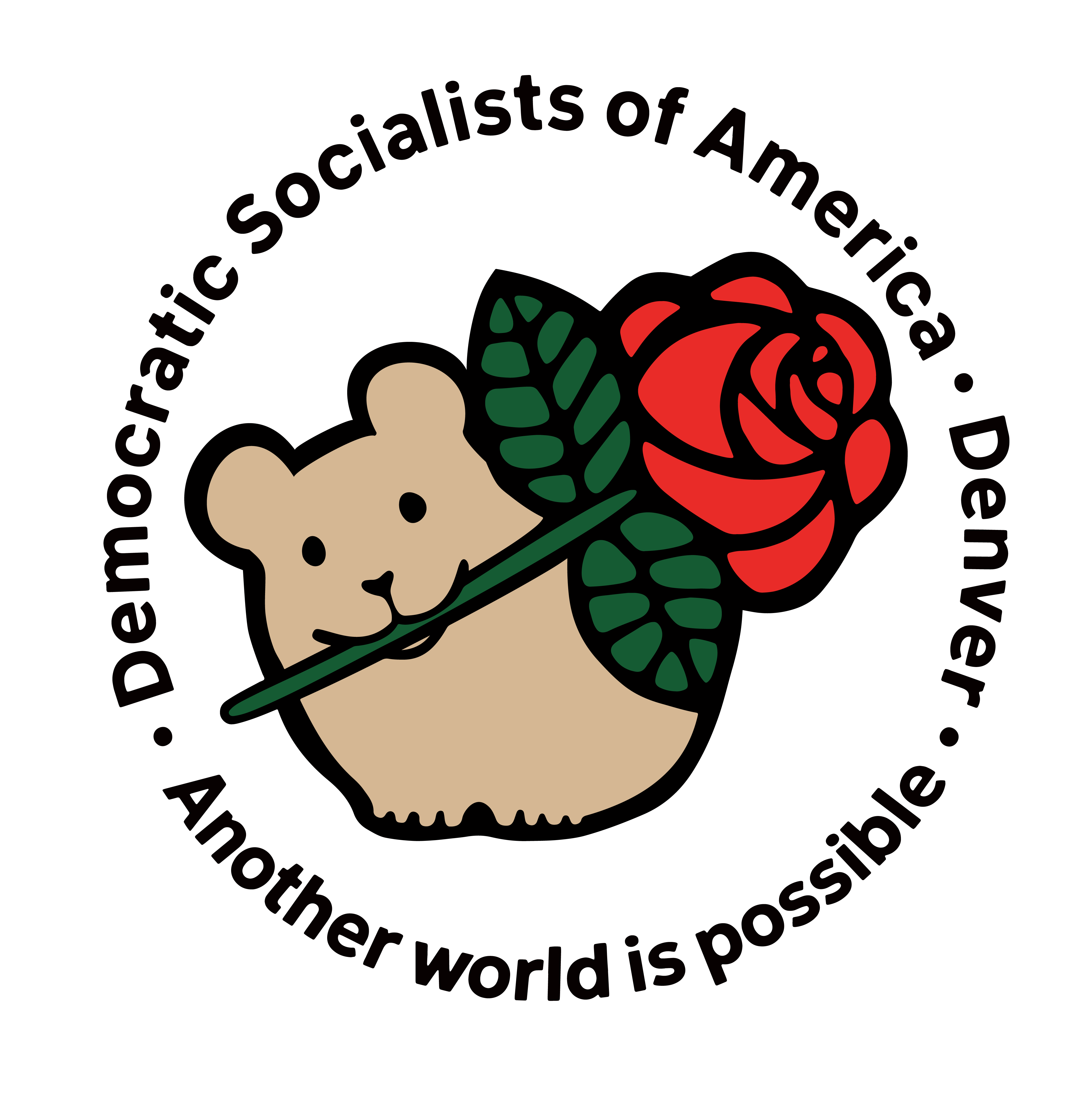 The Denver DSA logo: a drawing of a pika with a rose in its mouth, with text 'Democratic Socialists of America - Denver - Another world is possible