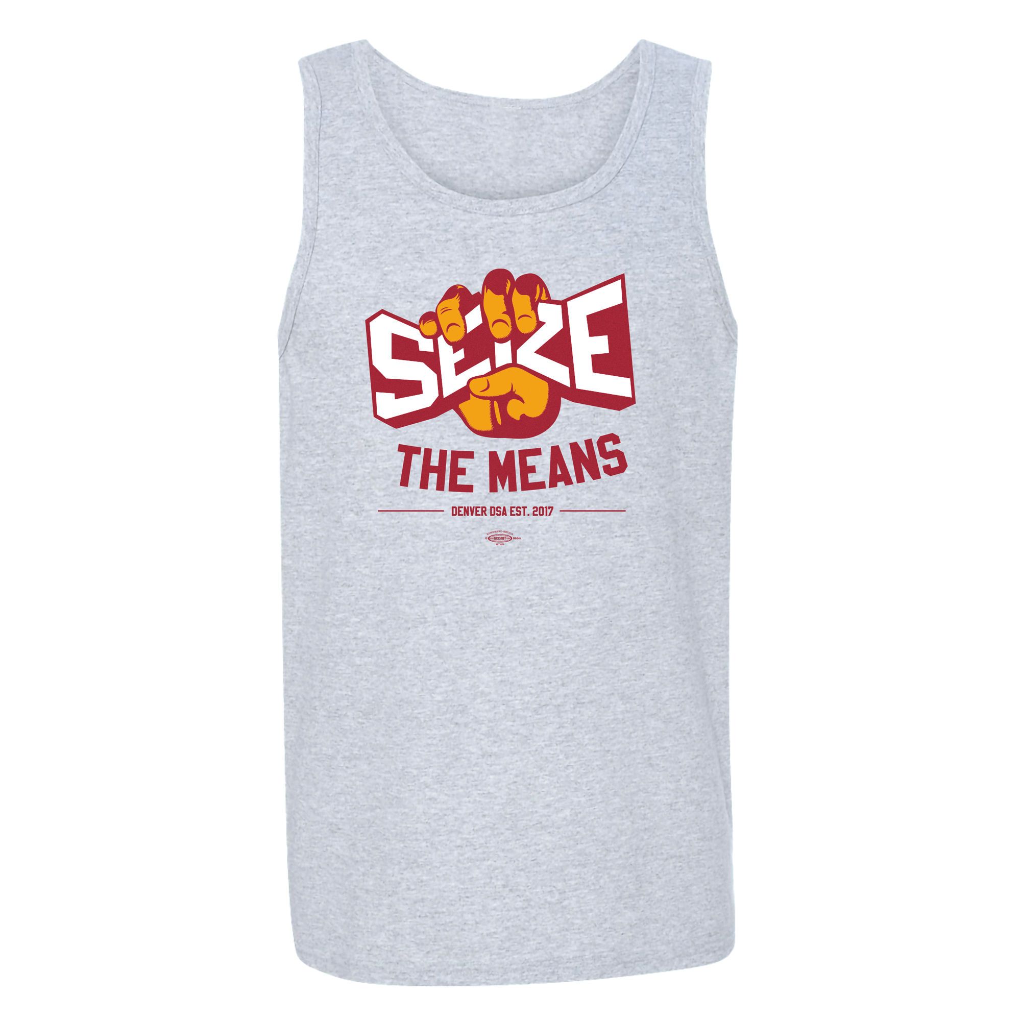 Made in the USA ash gray colored tank-top with colored graphic that says ‘Seize the Means Denver DSA est 2017’